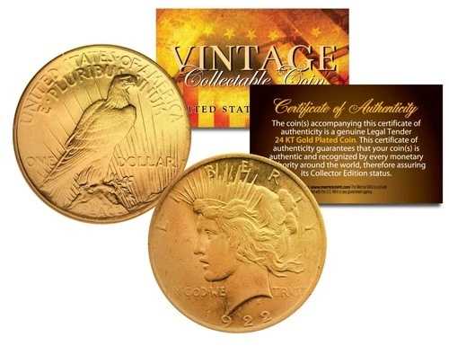 1920年代 PEACE シルバードル米国コイン 24K 金メッキ コインカプセルと COA 付き