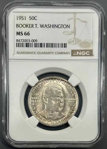 1951 NGC MS66 ブッカー・T・ワシントン ハーフダラー 50セント - 光沢のあるグレートーン
