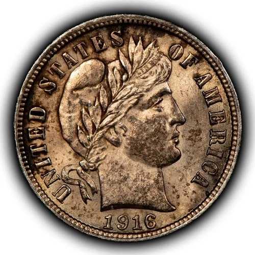 1916年 10セント銀貨 バーバーダイム - 強い光沢 - UNC - ビデオ - SKU-Z6012