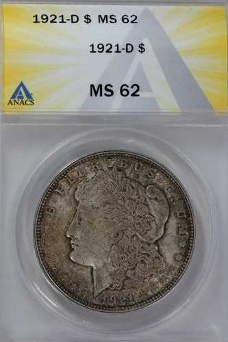 1921-D $1 ANACS MS 62 モルガン銀貨、ミス・リバティ・ヘッド・ドル、$1