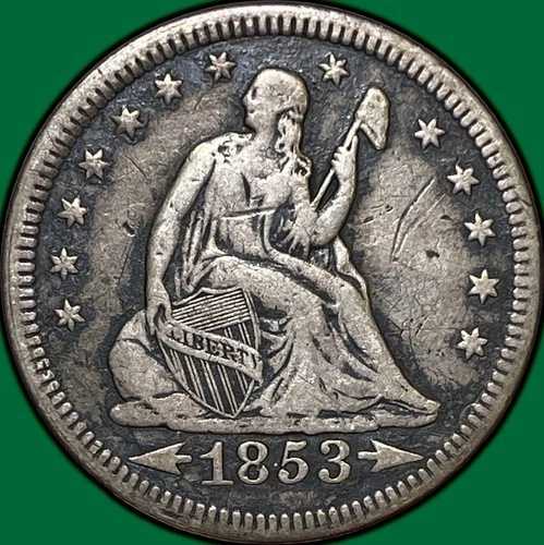1853年 アローズ・アンド・レイズ シーテッド・リバティ クォーター 極美品 XF、傷あり #29669