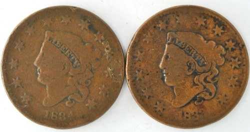 1833年と1834年のマトロン・リバティヘッド・ラージセント（米国銅貨）2枚セット