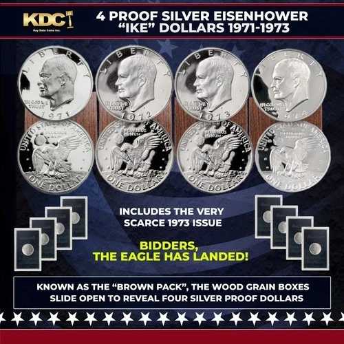 1971-1974 米国造幣局発行の銀貨プルーフ「ブラウンアイクス」シリーズ全種類、オリジナルパッケージ入り。すごい！