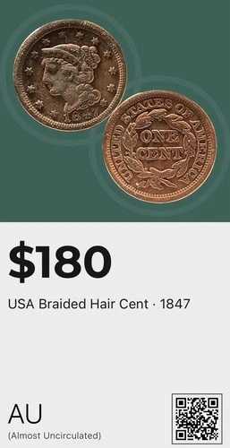 1847年製ラージセント、AUコンディション、美しいコイン。写真をご覧ください。写真は実際のコインです。 42,900円