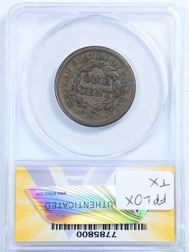 1844年 44オーバー81 1セント 編み込みヘア 大型セント VG 10 詳細損傷 ANACS 7785800