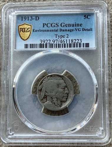 1913年 D型 2 バッファローニッケル - PCGS VG ディテール（環境による損傷あり）