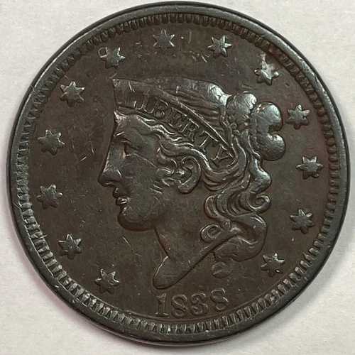 1838年 コロネットヘッド ラージセント 極美品 XF コイン #15203