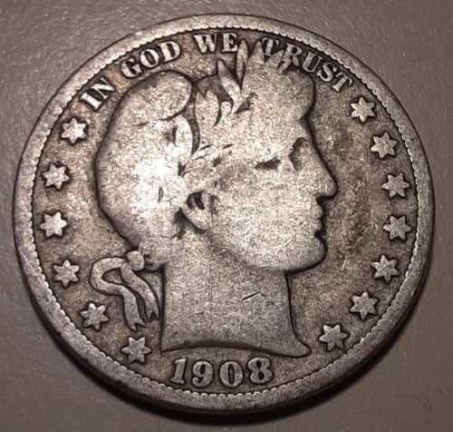1908年Oミント バーバーハーフダラー ニューオーリンズ造幣局 米国 50セント 90%銀貨 (#32x-13093)