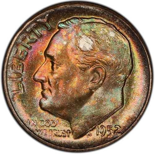 MS66 1952年 10セント ルーズベルト銀貨、PCGS Trueview - 非常に良好な状態