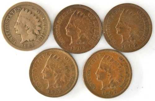 インディアンヘッドペニー5枚セット（アメリカ合衆国、1862年、1902年、1903年、1907年、1909年）銅製1セント硬貨