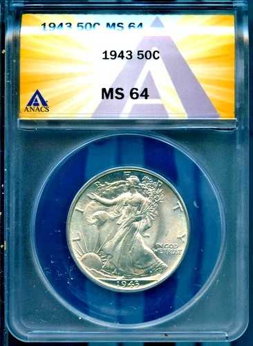 1943年 50セント 銀貨 ウォーキングリバティハーフダラー MS 64 ANACS # 7830236 + ボーナス