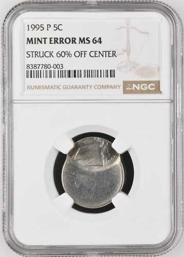 1995年Pミント ジェファーソンニッケル 5セント ミントエラー 中心から60%ずれて打刻 NGC MS64