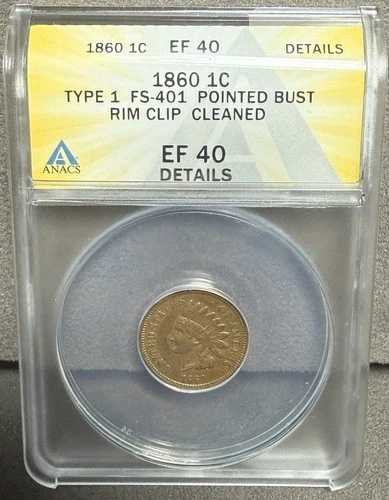 1860年 タイプ1 インディアンヘッドセント 尖頭胸像 FS-401 ANACS EF 40 詳細 リムクリップ