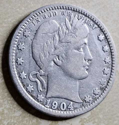 1904年 O バーバー 25セント硬貨 極美品（F）または極美品（VF） 詳細セミキー 25セント 軽く洗浄済み