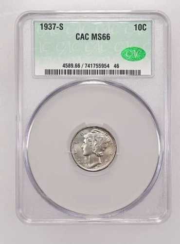 GEM BU 1937-S マーキュリーダイム CACG MS66。#17