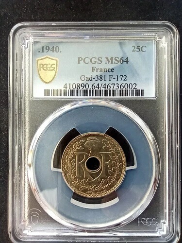 フランス: 25センチムリンダウアー。1940年。 PCGS: MS 64-
