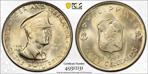 PCGS MS64 1947-S アレン R1a DDO マッカーサー 50 センタボス 希少 ダブルダイ 表面-