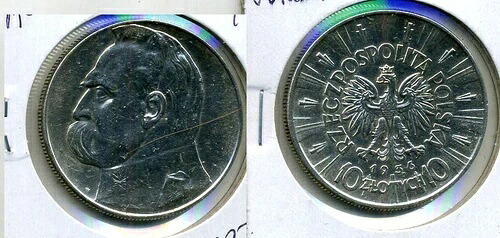 1936年 ポーランド 10ズロチ シルバーコイン AU-