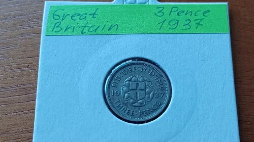 1937年3ペンス。1937年3ペンス銀貨。イギリス。ジョージ6世。