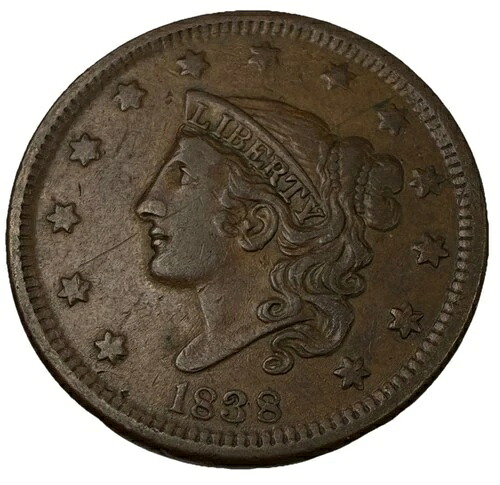 1838 1C BN コロネットヘッドセント - 非常に良好な米国銅貨 - 穴埋め