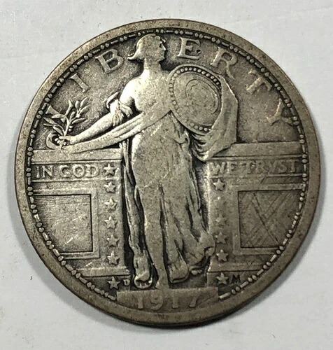 1917-D スタンディング・リバティ・クォーター金貨。.25。タイプ1。VG。