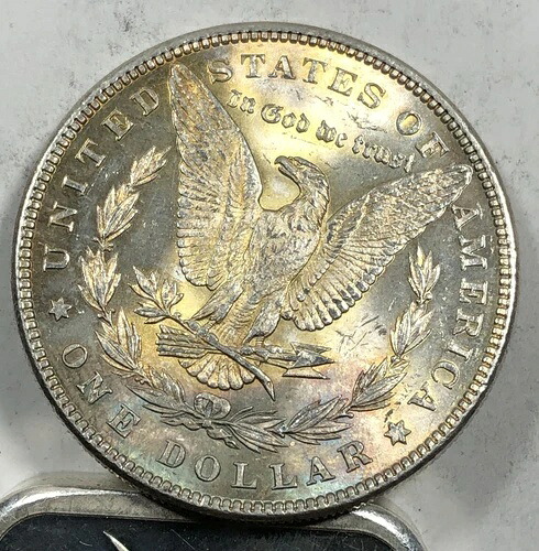 1885年製トーン加工モルガン・ダラー。1ドル。裏面は淡黄色。