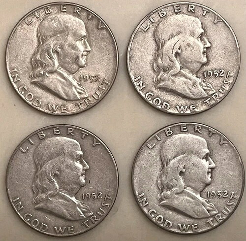 (4) 1952年 フランクリンハーフダラー P&Dミント 90%銀貨 US $2 FV。 37,895円