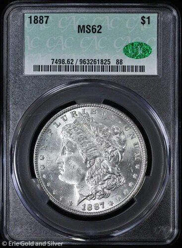 1887-P 1ドル モルガン銀貨 CAC MS 62 | 未流通 UNC