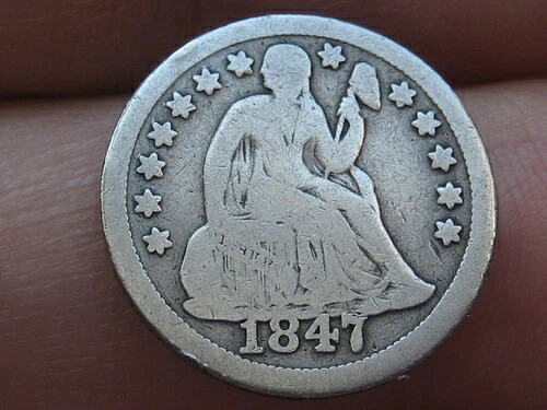 1847年 P自由の女神座像 シルバーダイム-F-101 日付オーバーラップベース良好/VGディテール-
