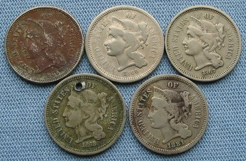 米国 3 セント ニッケル 5 枚セット - 1865/1866/1867/1868/1881 (3C 3 セント)
