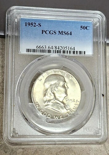 1952年-S フランクリン 1/2ドル - MS64-PCGS-Lt トーニング&ラスター-