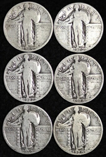 1925-1930-P ショートセット（6枚）スタンディングリバティクォーターシルバー 良好/VG フルデイト