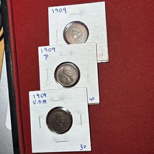 1909年 ペニーロット (3) インディアン、1909 P、1909 V.D.B. 良質コイン