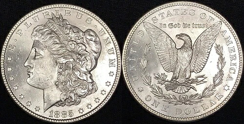 1885-P モルガン銀貨 - 驚くほど鮮やかな光沢 - 強い打痕 - 未使用