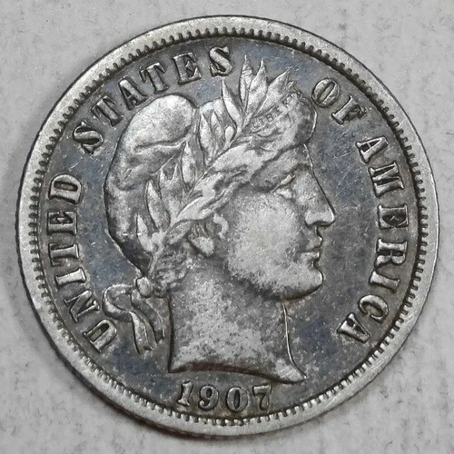 1907-S バーバーダイム、非常に良好な状態+、オリジナルベターデート 0829-08