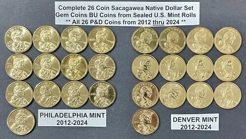 2012 年から 2024 年までの 26 枚のコイン サカガウィア ネイティブ ダラー P&D セット、GEM BU COINS をコンプリートしましょう!