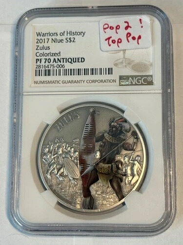 2017年 ニウエ シルバー 2ドル NGC PF70 アンティーク ズールー族 歴史の戦士像（トップポップ）