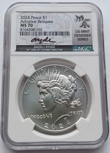 2024年ピース1ドル先行リリース銀貨 - NGC MS 70、デイビッド・ライダー米国造幣局 65,945円