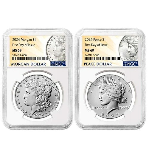 2枚セット - 2024年 1ドル モルガン＆ピース シルバーダラー NGC MS69 FDI モルガン＆ピース