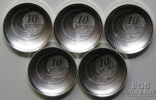 (5) 2014 FIFAワールドカップ プルーフ 10 ユーロ 90% シルバー 22.9g/枚 箱・品質証明書付き 27852