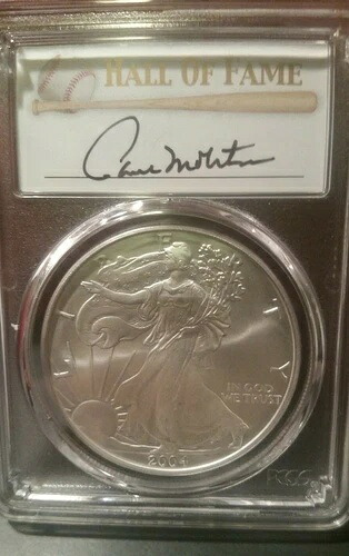 2004年 シルバーイーグルドル 1オンス (ポール・モリター HOF 署名) PCGS MS70 -- 25枚中1枚