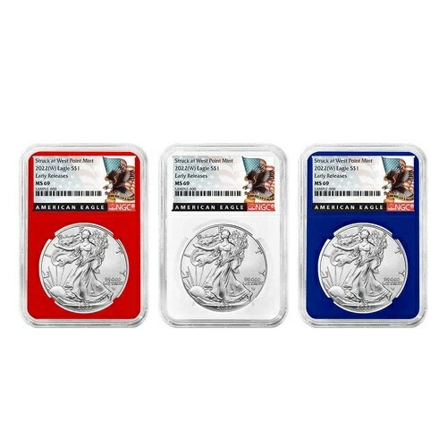 2022年 (W) $1 アメリカンシルバー イーグル 3個セット NGC MS69 ER ブラックラベル レッド ホワイト ブルー- 70,180円