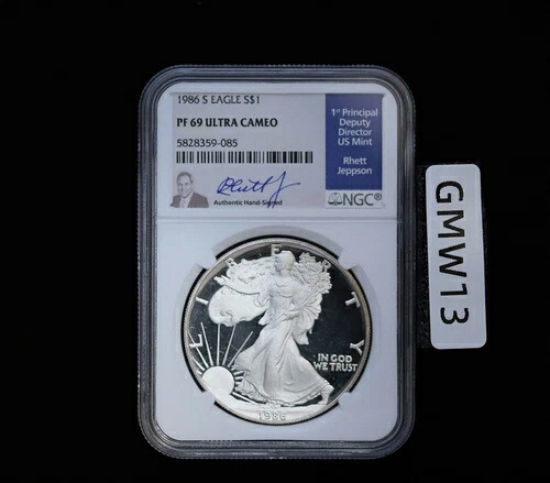 1986年 Sプルーフ シルバーイーグル NGC PF69 ウルトラカメオ レット・ジェプソン 直筆サインラベル｜WORLD RESOURCE【QUEEN店】