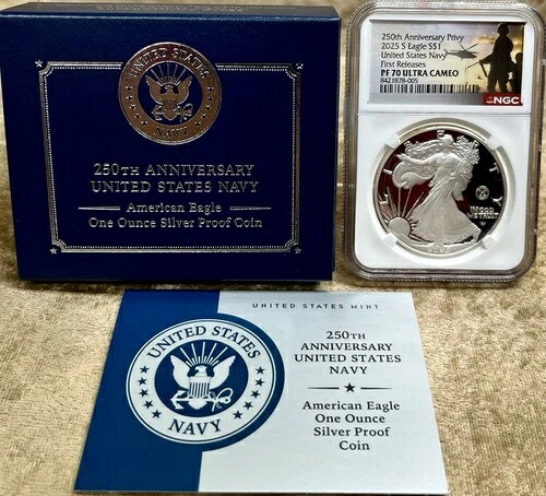 2025年 アメリカンシルバープルーフイーグル 250周年記念 アメリカネイビー $1 NGC PF70初期のリリース-