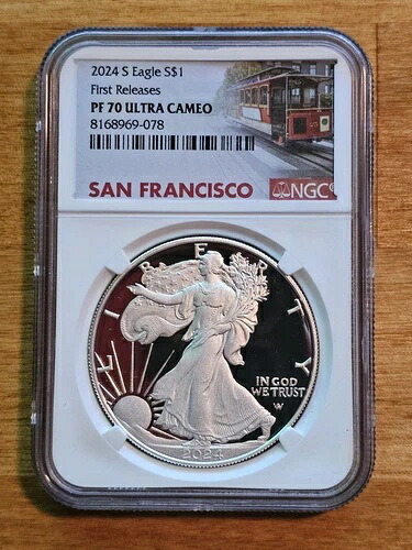 2024-S シルバーイーグル NGC PF70 UC - 初公開 - サンフランシスコ・トロリー・ラベル