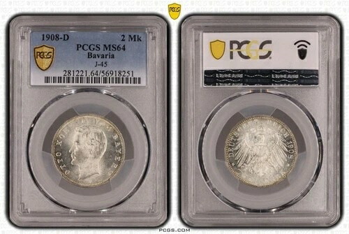 バイエルン 2 マーク シルバー 1908 D ケーニッヒ オットー J-45 MS64 pr?gefr.-Stempelglanz 130008