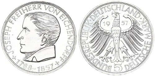 ドイツ 5 マーク 1957 J アイヒェンドルフ ゲデンクミュンツェ 高速ステンペルグランツ 110127