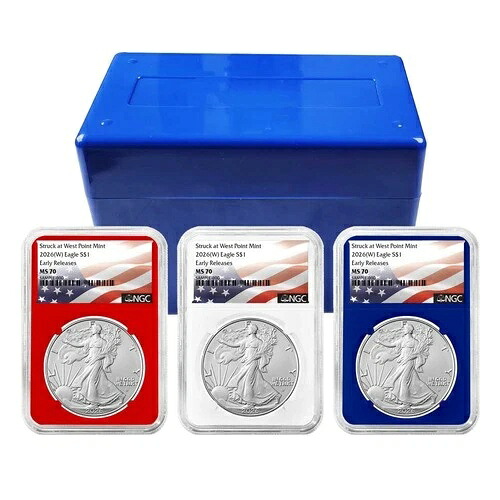 プレセール - 2026 (W) $1 アメリカン シルバー イーグル 3 ピース セット NGC MS70 ER 旗ラベル レッド