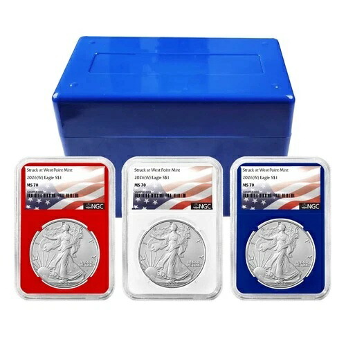 プレセール - 2026 (W) $1 アメリカン シルバー イーグル 3 点セット NGC MS70 旗ラベル レッド