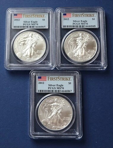 2012年 シルバーイーグルス、PCGS MS70、ファーストストライク、3点セット、送料無料